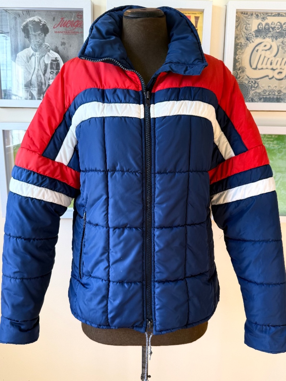 🔴🔵 Retro Red White & Navy Colorblock Puffer Jacket — 70s/80s Ski Après-Ski